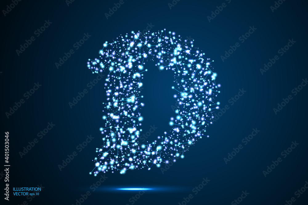 English letters abstract font consists 3d of triangles, lines, dots and connections. On a dark blue background cosmic universe stars, meteorites, galaxies. Vector illustration EPS 10.