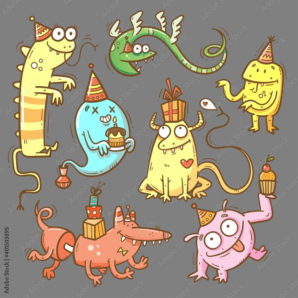 Naklejka premium Birthday set with cute cartoon monsters in party hats. Vector doodle collection. Little funny animal print. Сake and gift poster.