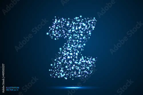 English letters abstract font consists 3d of triangles, lines, dots and connections. On a dark blue background cosmic universe stars, meteorites, galaxies. Vector illustration EPS 10.