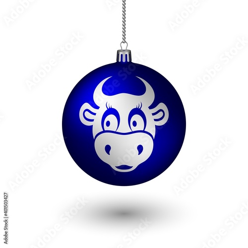 Year of the bull, ox Christmas ball isolated on white background. Christmas tree toy.