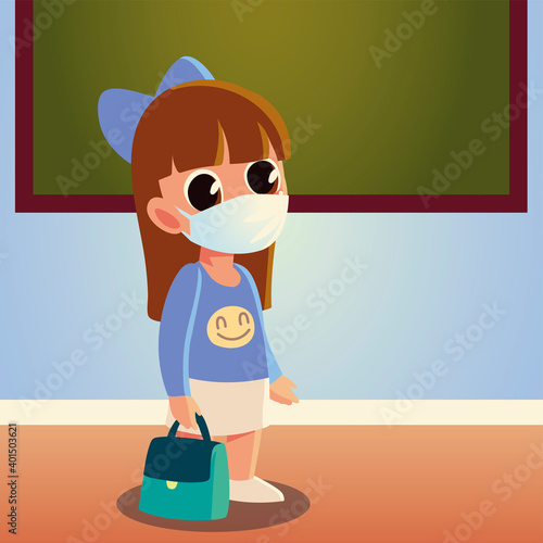 Back to school of girl kid with medical mask and purse vector design