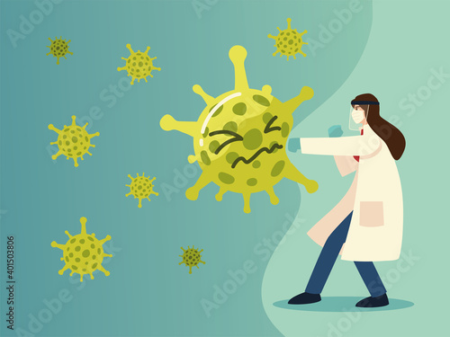 covid 19 virus protection and woman doctor hitting with mask and gloves vector design