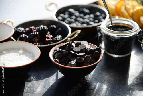 Fruits and chocolate. Chocolate, blackberry and blueberry