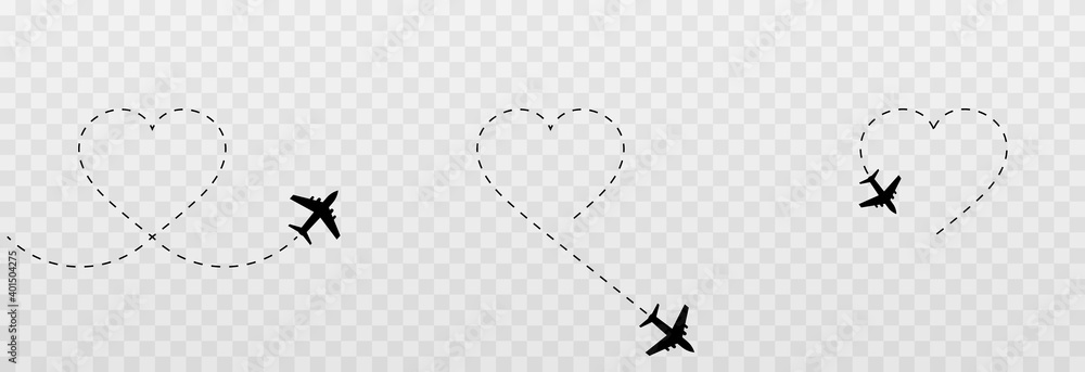 Vector set of dotted hearts. Honeymoon trip, dotted plane tracks. Dotted lines png, heart png, travel by plane. The love route. Vector set of dotted hearts. Honeymoon trip, dotted plane tracks. Dotted lines png, heart png, travel by plane. The love route.