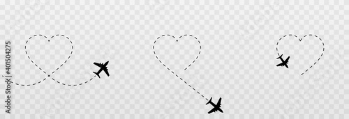 Vector set of dotted hearts. Honeymoon trip, dotted plane tracks. Dotted lines png, heart png, travel by plane. The love route.