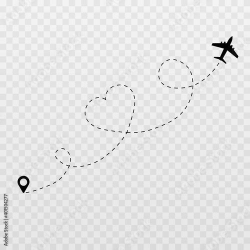 Vector dotted hearts. Honeymoon trip, honeymoon, airplane dotted tracks. Dotted lines png, heart png, travel by plane. The love route.
