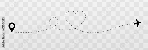 Vector dotted hearts. Honeymoon trip, honeymoon, airplane dotted tracks. Dotted lines png, heart png, travel by plane. The love route.
