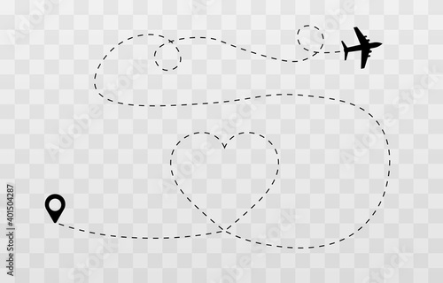 Vector dotted hearts. Honeymoon trip, honeymoon, airplane dotted tracks. Dotted lines png, heart png, travel by plane. The love route.