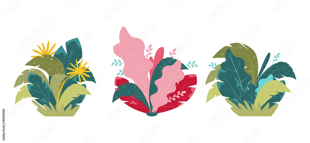 Set of abstract bushes. Tropical plants isolated on white. Flat vector illustration.