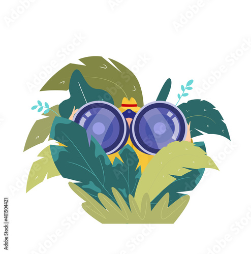 Detective in ambush looking through binoculars. Flat style. Tropical leaves in the background.