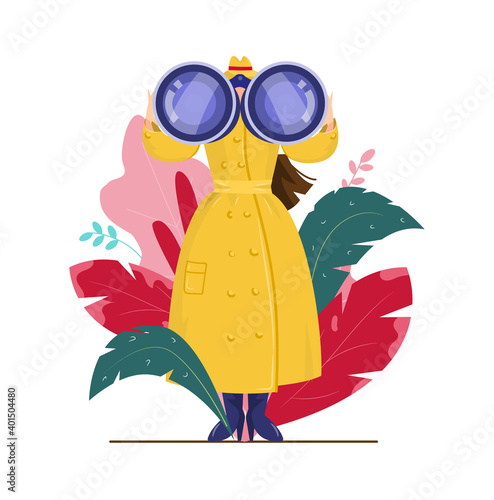 Woman detective looking through binoculars. Flat style. Tropical leaves in the background.