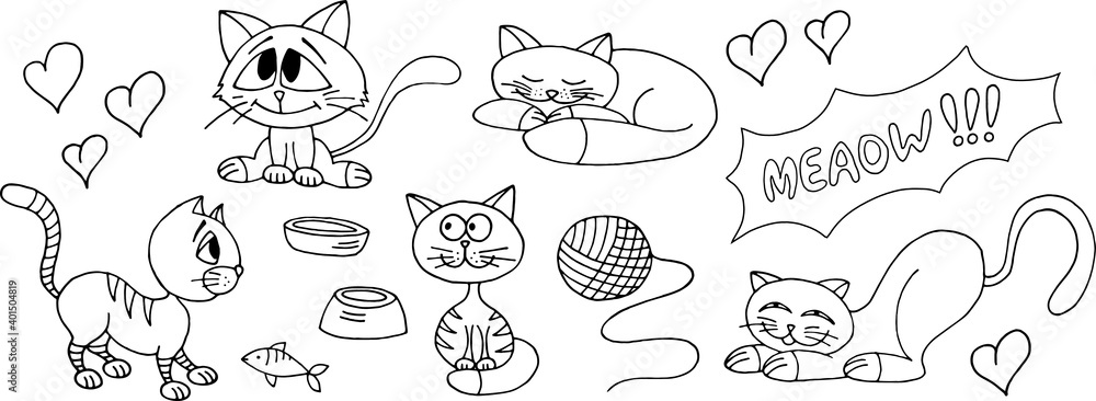 Cute contour cats and kittens collection set. Vector illustration. Cute contour cats and kittens collection set. Vector illustration.