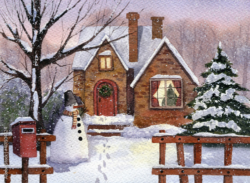 Snowmen with postbox near the house in the village. Hand drawn watercolor illustration.