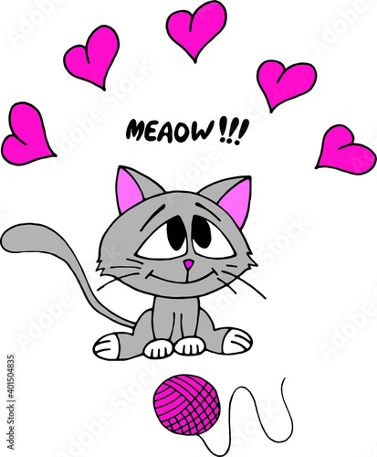 Cute cartoon kitten, hank and hearts vector illustration.