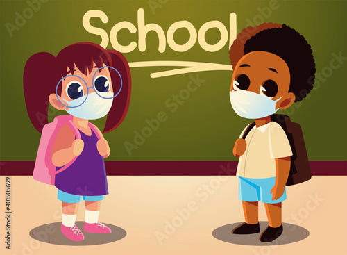 Back to school of girl and afro boy kid with medical masks vector design