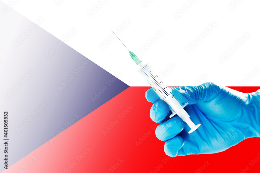 Czechia Flag Blurred Background Covid-19, Corona, Selective focused on Syringe Injection Czechia Flag Blurred Background Covid-19, Corona, Selective focused on Syringe Injection
