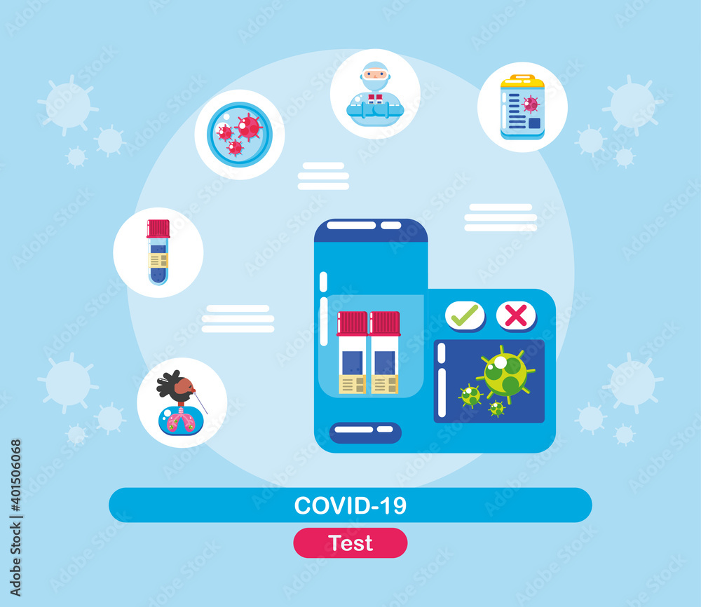 covid 19 virus test machine and icon set vector design covid 19 virus test machine and icon set vector design