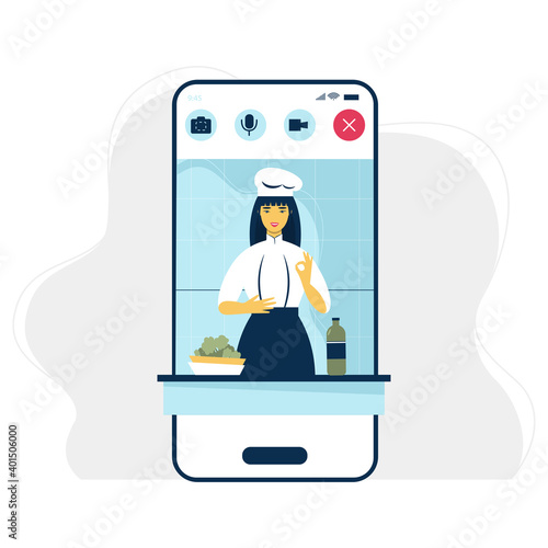 Easy cooking vector illustration. creative design for online cookery course, school or blog. Cartoon flat chef woman character cooks healthy food in kitchen, teaching dish recipes

