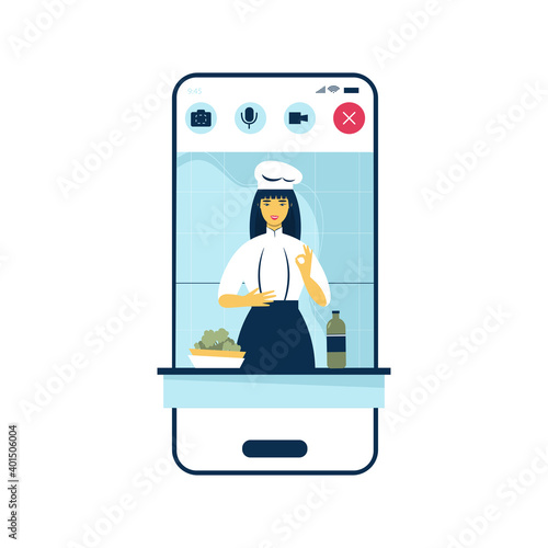 Easy cooking vector illustration. creative design for online cookery course, school or blog. Cartoon flat chef woman character cooks healthy food in kitchen, teaching dish recipes

