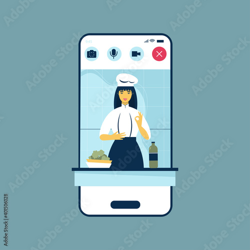 Easy cooking vector illustration. creative design for online cookery course, school or blog. Cartoon flat chef woman character cooks healthy food in kitchen, teaching dish recipes

