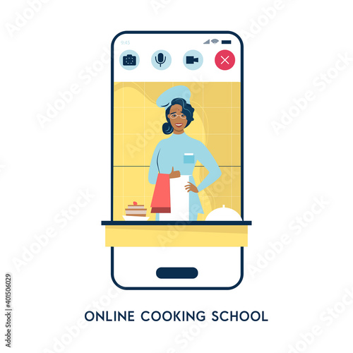Easy cooking vector illustration. creative design for online cookery course, school or blog. Cartoon flat chef woman character cooks healthy food in kitchen, teaching dish recipes

