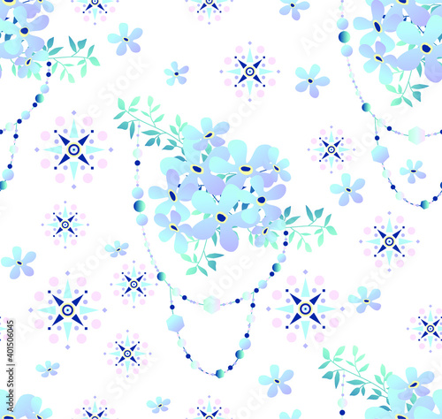 Seamless vector pattern with bouquets of blue forget-me-not flowers  decorative beads and patterned stars on the background. Delicate vintage texture for fabrics and scrapbooking