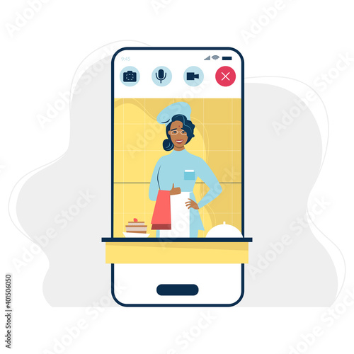 Easy cooking vector illustration. creative design for online cookery course, school or blog. Cartoon flat chef woman character cooks healthy food in kitchen, teaching dish recipes

