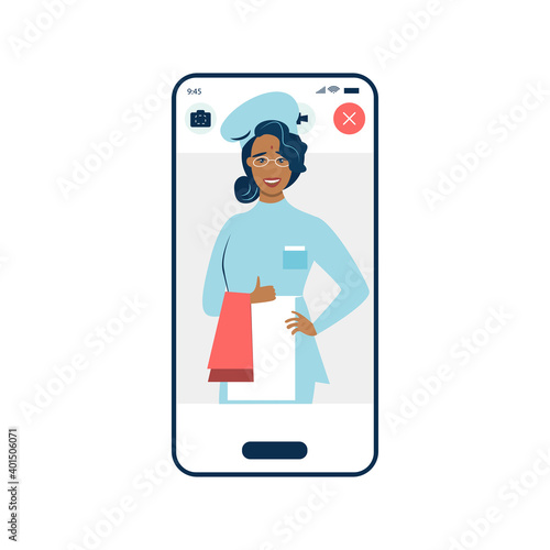 Easy cooking vector illustration. creative design for online cookery course, school or blog. Cartoon flat chef woman character cooks healthy food in kitchen, teaching dish recipes

