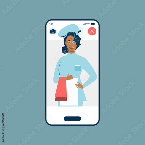 Easy cooking vector illustration. creative design for online cookery course, school or blog. Cartoon flat chef woman character cooks healthy food in kitchen, teaching dish recipes

