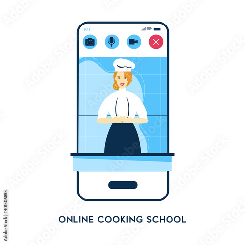 Easy cooking vector illustration. creative design for online cookery course, school or blog. Cartoon flat chef woman character cooks healthy food in kitchen, teaching dish recipes

