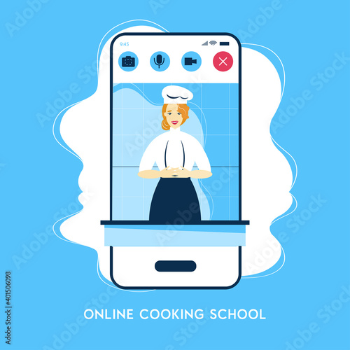 Easy cooking vector illustration. creative design for online cookery course, school or blog. Cartoon flat chef woman character cooks healthy food in kitchen, teaching dish recipes

