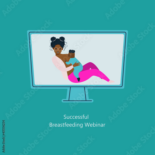 mother breastfeeding her newborn baby. Motherhood nutrition lactation concept.  smartphone screen mobile application flat full length. Breastfeeding webinar.