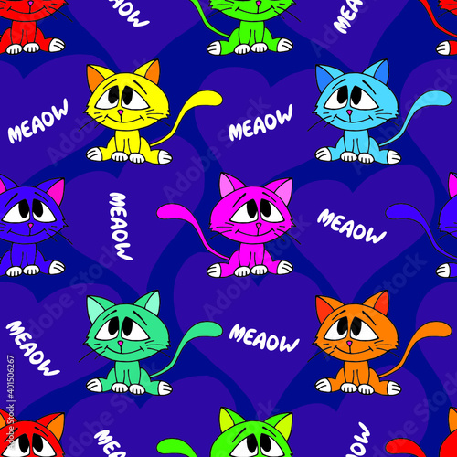 Cute colorful kittens seamless pattern. Vector illustration.
