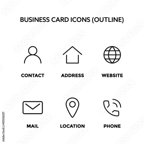 Business Card Icons | Icons Collection | Clean Vector Outline Icon | vCard Icons | Contact Phone Address Website Mail Location | Vector Minimal Icon
