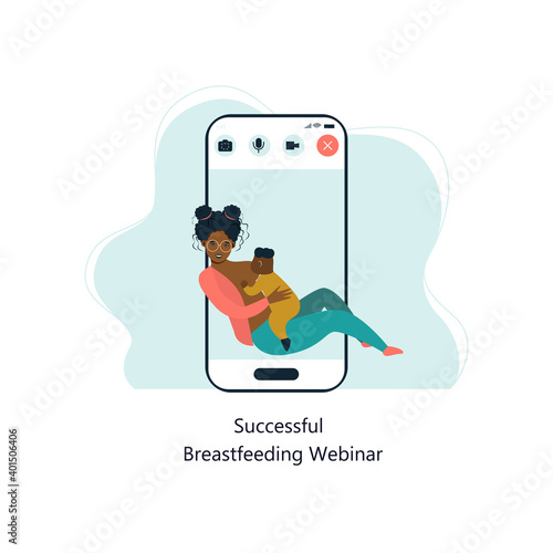 mother breastfeeding her newborn baby. Motherhood nutrition lactation concept.  smartphone screen mobile application flat full length. Breastfeeding webinar.