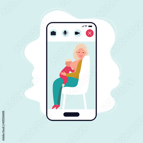 mother breastfeeding her newborn baby. Motherhood nutrition lactation concept.  smartphone screen mobile application flat full length. Breastfeeding webinar.
