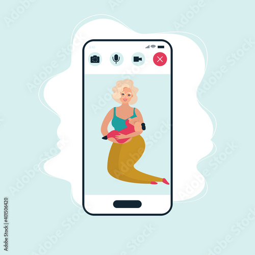 mother breastfeeding her newborn baby. Motherhood nutrition lactation concept.  smartphone screen mobile application flat full length. Breastfeeding webinar.