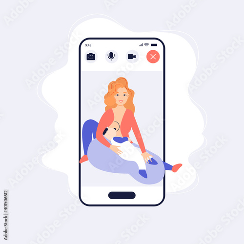 mother breastfeeding her newborn baby. Motherhood nutrition lactation concept.  smartphone screen mobile application flat full length. Breastfeeding webinar.