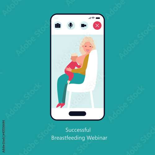 mother breastfeeding her newborn baby. Motherhood nutrition lactation concept.  smartphone screen mobile application flat full length. Breastfeeding webinar.