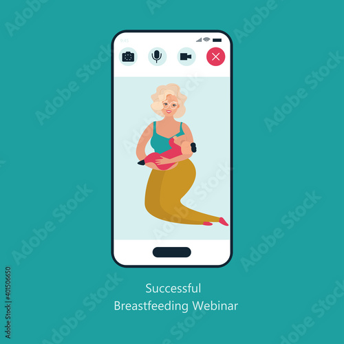 mother breastfeeding her newborn baby. Motherhood nutrition lactation concept.  smartphone screen mobile application flat full length. Breastfeeding webinar.