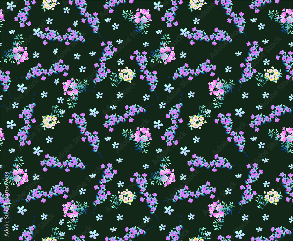Delicate floral botanical vector pattern with bouquets of small flowers similar to forget-me-nots, lavender, lobelia. Natural seamless texture and pattern