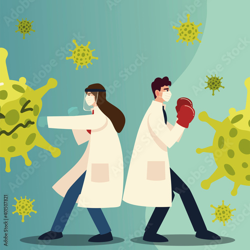 covid 19 virus protection doctors hitting with masks and gloves vector design