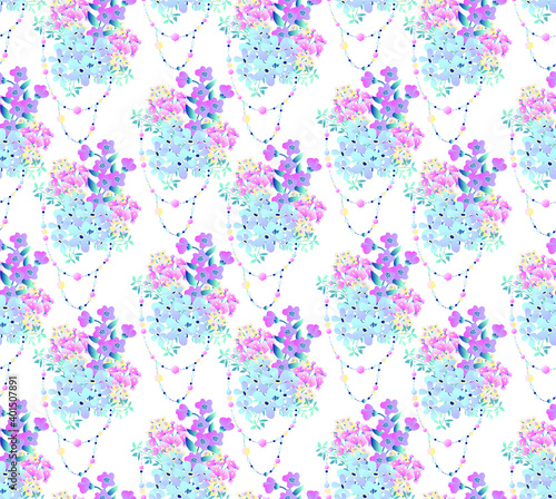 Seamless vector pattern with bouquets of blue forget-me-not flowers  decorative beads and patterned stars on the background. Delicate vintage texture for fabrics and scrapbooking