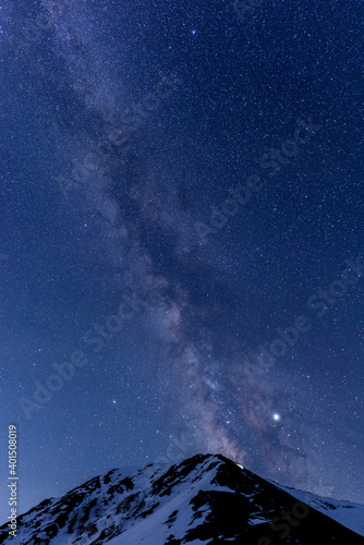 It is Mt. Jonen in the Northern Alps in Nagano Prefecture, Japan. The Milky Way hangs over the mountain. It is a beautiful starry sky.