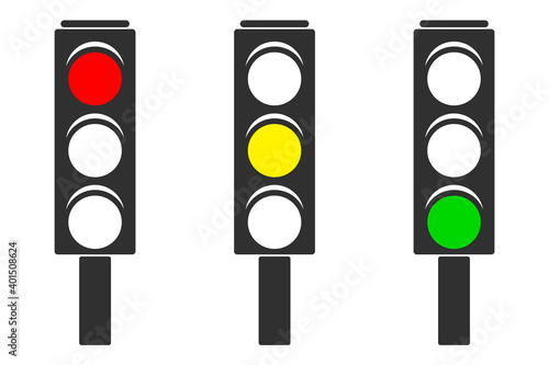 set of traffic lights on a white background. Burning green, red and green.