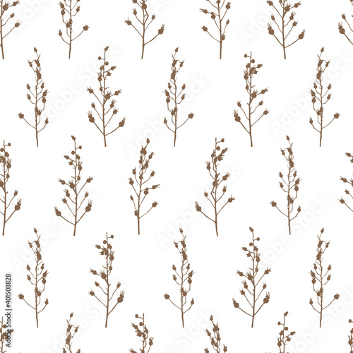 Fototapeta Naklejka Na Ścianę i Meble -  Seamless pattern with rosehip branches and berries on white - background with wild rose silhouettes for natural design