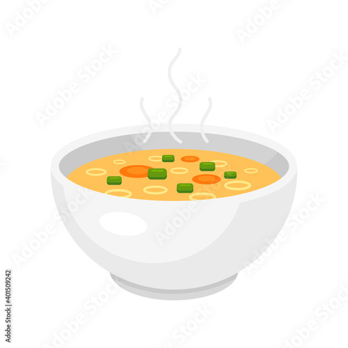 Chicken or vegetable broth, bouillon in white ceramic bowl icon. Hot soup stock.