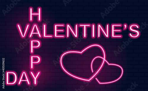 Neon lettering Happy Valentines Day with two hearts in glowing electric style. Street sign on dark brick wall background. Neon sign, bright signboard, light banner. Valentine's card with neon letters.