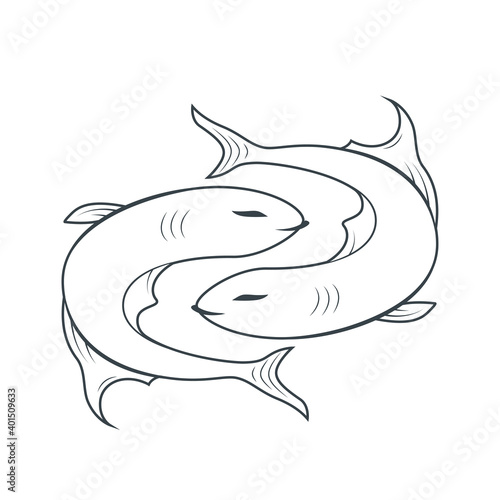 Black outline zodiac sign Pisces depicting two fish moving in opposite directions. Illustration of an astrology sign. Vector flat design icon.