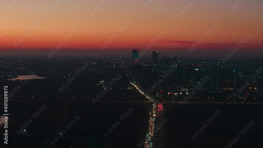 Aerial drone hyper lapse panoramic view of Bucharest city skyline at dusk Aerial drone hyper lapse panoramic view of Bucharest city skyline at dusk